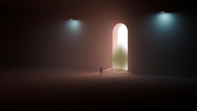 Artwork showing a silhouette looking at a gold cloud in a towering archway light emanating from beyond.