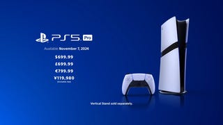 PS5 Pro reveal screenshot showing the cost of the console on the left and image of it standing on the right.