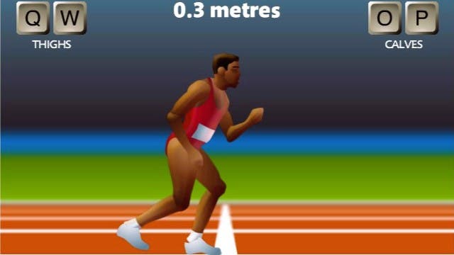 A screenshot of the legendary browser-based sprinting game QWOP. It's a game where the keyboard keys Q W O and P control individual thighs and calves. It's bastardly hard to coordinate your limbs and moving forward with purpose.