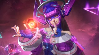 Marvel Rivals trailer screenshot showing female character in purple helmet sshing with her finger