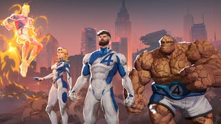 Marvel Rivals trailer screenshot showing Fantastic Four characters lined up