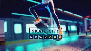 A promo image for Skate City New York with the lower half of a skater ollie-ing on a subway platform.