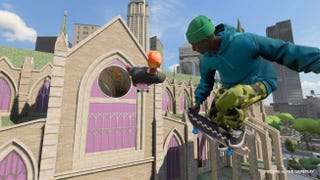 Skate. image showing two characters on skateboards jumping through a circular window in the side of a building