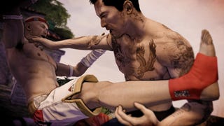 Sleeping Dogs screenshot showing two topless men grappling with tattoos