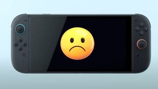 A product image of the Switch 2 with a sad face emoji superimposed over the middle of the screen.