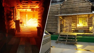 Two screenshots of The Cabin Factory spliced together, showing a burning cabin alongside a calm cabin.