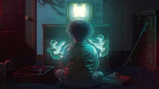 Artwork from the Tormenture game, showing a small child cross legged in front of an old TV set playing a video game, and there are big blue scary hands reaching out of the screen to grab them.