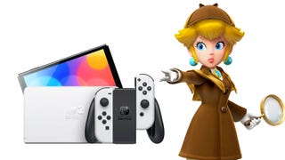 Detective Peach looks at a Switch OLED.