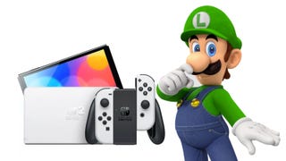 Luigi standing next to a Switch.