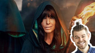 The Traitors season three artwork showing Claudia Winkleman holding a flaming torch, with interviewee Ivan Brett in inset.