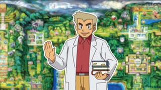 Professor Oak standing in front of a Kanto map.