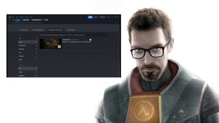 Gordon Freeman and a screenshot of Valve's upcoming games list on Steam.