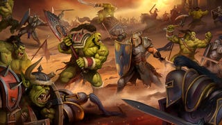 Warcraft 1 Remastered art showing armies of humans and orcs in fearsome combat on the battlefield.