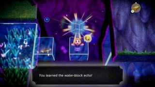 Princess Zelda acquires the water block echo in a strange purple realm in The Legend of Zelda: Echoes of Wisdom